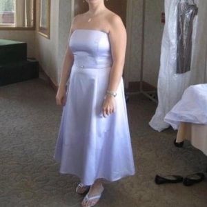 *SOLD elsewhere* - David’s Bridal #8355 Satin Tea Length Dress, 14 (altered)
